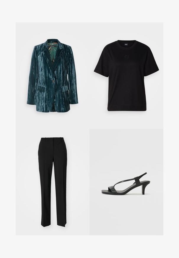 Teal velvet blazer with vertical stripes, single-button closure, and two front pockets. Features a patterned inner lining and structured lapels.; Black cotton t-shirt with a crew neckline, short sleeves, and an embroidered logo on the chest. Simple, relaxed fit with no patterns.; Black tailored trousers with a straight-leg design, featuring a smooth texture and crisp creases along the front. No visible hardware.; Black heeled sandals with a slender strap design, square toe, and a mid-height block heel. Made from smooth leather with a matte finish.