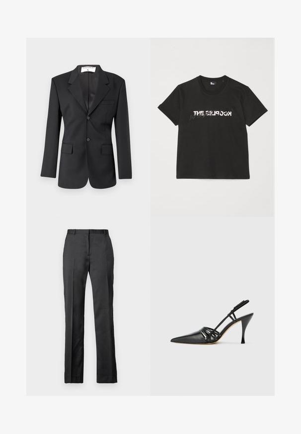 Černý blazer z hladkého materiálu s jednobodovým zapínáním, klopovými límci, dvěma předními kapsami a přiléhavým střihem.; Černé bavlněné tričko s krátkým rukávem, na přední straně se tiskne bílý a šedý design "THE 2LOOK". Klasický kulatý výstřih.; Ušité černé kalhoty z hladké tkaniny. Mají rovný střih, plochý přední díl a jemné detaily v podobě záhybů.; Černá kožená lodička na vysokém podpatku s otevřenou patou, špičatou špičkou, křížovými popruhy a štíhlým jehlovým podpatkem. Hladký povrch a minimální akcenty.