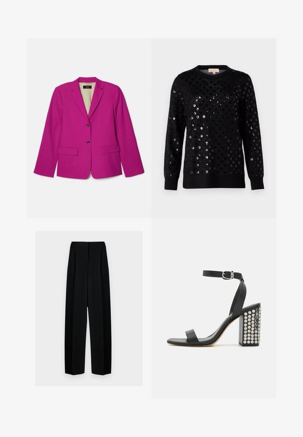 Fuksjowy blazer z klapami, dwoma przednimi kieszeniami i dwoma brązowymi guzikami. Podszewka z widoczną metką marki.; Czarny sweter z teksturową powierzchnią ozdobioną błyszczącymi okrągłymi cekinami w różnych rozmiarach, z prążkowanym dekoltem i długimi rękawami.; Czarne spodnie o szerokich nogawkach z wysokim stanem, z plisami i gładką teksturą. Materiał wydaje się lekki i elegancko się układa.; Czarne skórzane sandały na obcasie z paskiem na kostkę. Charakteryzują się kwadratowym noskiem, gładką teksturą oraz kwadratowym słupkiem ozdobionym srebrnymi ćwiekami.