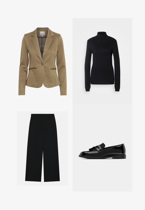 Kostkovaný blazer v hnědých a námořnických odstínech, s přiléhavým střihem, klopami, dvěma předními kapsami a zapínáním na jeden knoflík.; Černý rolák vyrobený z měkké pleteniny, s dlouhými rukávy a přiléhavým střihem, který má vroubkovaný límec a lem.; Široké černé kalhoty vyrobené z hladké tkaniny. Mají plochý pas s poutek na opasek a žádné viditelné kapsy. Jednoduchý design.; Černé lakované kožené mokasíny s plochým podpatkem, zdobené třásněmi a hladkým povrchem, navržené s kulatou špičkou a jemným prošíváním.