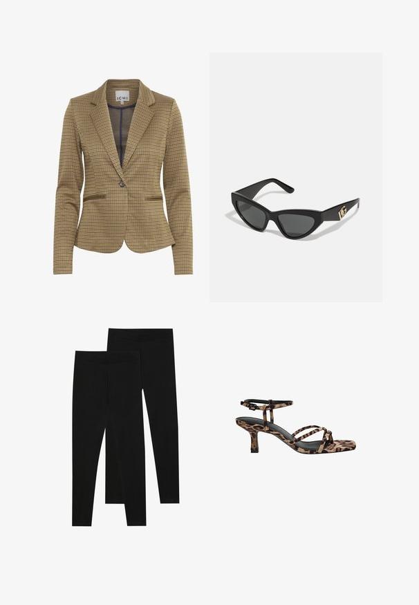 Karirana jakna v rjavih in temno modrih odtenkih, ki ima krojen kroj, zaobljene reverje, dva sprednja žepa in zapiranje na en gumb.; Dva dolge rokave turtleneck majice, ena bela in ena črna, izdelani iz gladkega, raztegljivega materiala, oba imata slim-fit kroj in visoke ovratnike.; Črne legice iz raztegljive tkanine, z brezšivnim pasom in oprijetim krojem, primerne za prosti čas ali vadbo.; Sandal s petto s kvadratnim vrhom, več trak in srednje visoko peto v leopardjem vzorcu. Narejeni iz mehkega tekstilnega materiala.; Sončne naočale v mačjem stilu z mat črnim plastičnim okvirjem, temnimi lečami in zlatim logotipom na tempeljih. Kotačast dizajn in gladka tekstura.