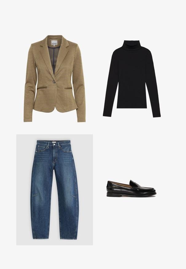 Blazer a scacchi in tonalità marroni e blu navy, con una vestibilità su misura, rever a punta, due tasche frontali e chiusura a un bottone.; Maglione a collo alto nero a maniche lunghe, realizzato in tessuto a coste, presenta un design aderente con un collo alto e senza motivi o dettagli.; Jeans in denim blu scuro con design a gamba dritta, caratterizzati da tasche anteriori, cuciture a contrasto e una leggera texture sbiadita lungo le gambe.; Mocassino in pelle nera con punta arrotondata, design slip-on e dettagli di cucitura discreti lungo la parte superiore. Suola piatta in gomma.