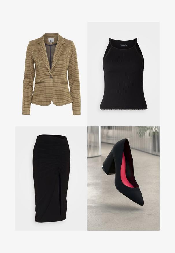 Kostkovaný blazer v hnědých a námořnických odstínech, s přiléhavým střihem, klopami, dvěma předními kapsami a zapínáním na jeden knoflík.; Černý žebrovaný top na ramínka s krajkovým lemem na spodním okraji. Obsahuje tenké ramínka a přiléhavý střih. Vyrobeno z elastické látky.; Černá, řasená tužková sukně s detailem na zavazování a bočním rozparkem. Vyrobena z elastického materiálu s hladkou texturou a přiléhavým střihem.; Černá vysoká podpatková bota s špičatou špičkou, texturovaným povrchem a živým růžovým interiérem. Obsahuje masivní podpatek se stříbrným akcentem.