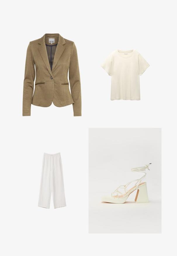 Karirani sako u smeškim i mornarskim nijansama, s krojem koji se prilagođava figuri, reverima, dva prednja džepa i jednim dugmetom za zatvaranje.; Svijetlo bež majica kratkih rukava s okruglim izrezom, izrađena od meke, glatke tkanine. Karakterizira je opušteni kroj i ravni rub.; Bijele hlače širokih nogavica napravljene od lagane tkanine. Imaju elastičan pojas s ušicom i bočne džepove. Glatka tekstura.; Bijela sandala na visokoj potpetici s debelim petom, s remenom i vezanjem oko gležnja. Glatka tekstura s platformom sprijeda za dodatnu visinu.