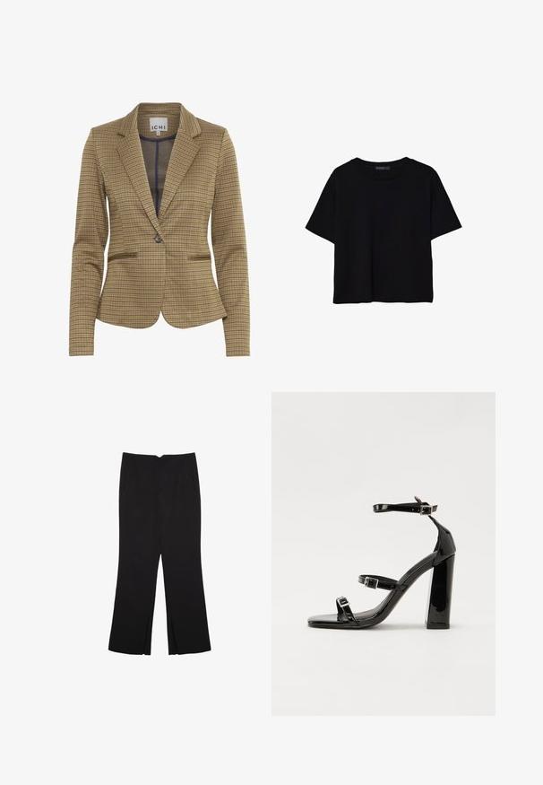 Kratkowana marynarka w odcieniach brązu i granatu, z dopasowanym krojem, wykrojonymi klapami, dwoma przednimi kieszeniami i pojedynczym zapięciem na guzik.; Czarna koszulka z krótkim rękawem wykonana z bawełny. Posiada okrągły dekolt i luźny krój z gładką, jednolitą teksturą. Brak widocznych wzorów lub akcentów.; Czarne spodnie o prostym kroju, z przednimi kieszeniami i bocznymi rozcięciami na dole. Wykonane z miękkiego, gładkiego materiału. Odpowiednie na różne okazje.; Czarne lakierowane sandały na obcasie z kwadratowym noskiem, z paskami wokół kostki i srebrnymi klamrami. Posiadają masywny słupek dla stabilności.