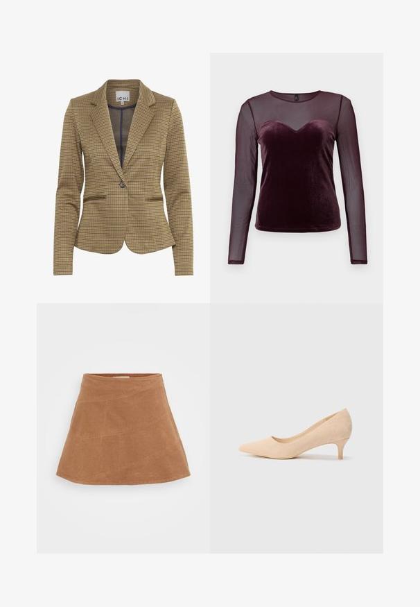 Blazer a cuadros en tonos marrones y azul marino, con un ajuste entallado, solapas de pico, dos bolsillos frontales y cierre de un solo botón.; Top burdeos de manga larga con cuerpo de terciopelo y escote en forma de corazón, mangas de malla transparente, textura suave y diseño ajustado.; Minifalda de pana marrón con un diseño acampanado, que presenta costuras diagonales y una textura suave. Cintura plana en la parte superior.; Zapato de tacón alto de ante beige con punta afilada y tacón delgado de 5 centímetros. Textura suave con un detalle mínimo en la superficie superior.