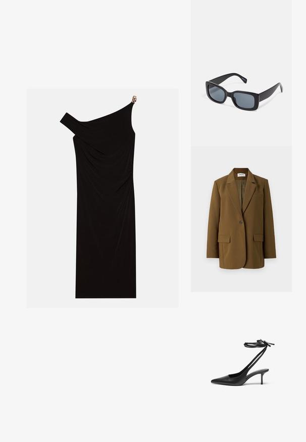 Brun tilpasset blazer med snittet krage, enkelt knappelukking, to frontlommer og glatt tekstur. Fôret innside synlig.; Svart en-skulder kjole laget av drapert stoff med en gyllen detalj på skulderen, glatt tekstur og kne-lengde design.; Sorte lær stiletto-sko med spiss tå, åpen bakdel og ankelremmer knyttet i sløyfe. Tynn 3-tommers hæl. Glatt tekstur, minimalistisk design.; Sorte rektangulære solbriller med mørkt tonede linser, tykk plastramme og brede stenger. Glatt overflate og vinklet design.; Metallisk gull clutch med en glatt, rund form, med en toppknapp-lås og et lite kjede for bæring.
