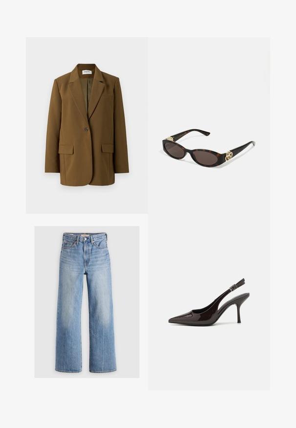 Blazer marrone su misura con colletto a punte, chiusura con un bottone, due tasche frontali e texture liscia. Interno foderato visibile.; Camicia marrone a maniche lunghe con colletto a punta, chiusura con bottoni e orlo curvo. Realizzata in tessuto liscio, presenta delicati dettagli con bottoni.; Jeans in denim blu chiaro a gamba larga con vita alta, aree sbiadite, cinque tasche e cuciture a contrasto. Classico bottone e chiusura con zip.; Scarpa con tacco alto tipo slingback in pelle verniciata marrone scuro lucido, punta affusolata, lati aperti e cinturino alla caviglia regolabile.; Occhiali da sole tartarugati con lenti ovali allungate, tonalità marrone, accenti dorati con logo sulle tempie e aste nere eleganti.