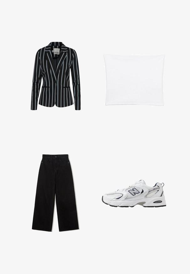 Czarny żakiet z pionowymi białymi i jasnoniebieskimi paskami, dopasowany fason, jednozatrzaskowe zapięcie oraz dwie przednie kieszenie. Gładka tekstura materiału.; Biała poszewka na poduszkę o gładkiej, miękkiej fakturze, w kształcie prostokąta i z wyraźnymi brzegami, zaprojektowana do standardowych rozmiarów poduszek.; Czarne, szerokie dżinsy z denimu z wysokim stanem, z pięcioma kieszeniami i pojedynczym zapięciem na guzik z przodu.; Białe sportowe buty z siateczkową cholewką, granatowymi akcentami i wyściełaną podeszwą. Posiadają logo "N", sznurówki oraz teksturowany detal po boku.