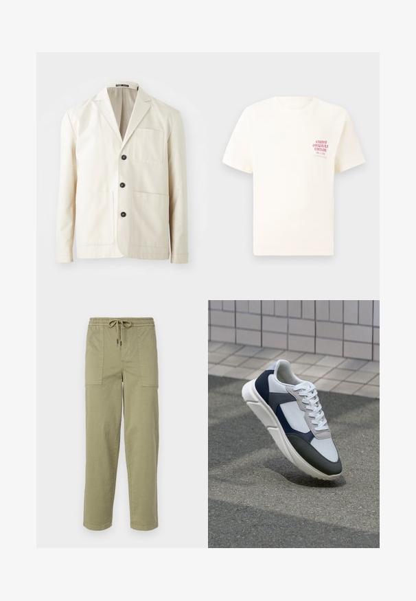 Beige cotton jacket with a notched lapel, three black buttons, and two front pockets. Features a single chest pocket and long sleeves.; White short-sleeve T-shirt with red text "Studio Originals Edition" on left chest, displayed on a neutral gray background.; Light olive green pants made of cotton blend fabric, featuring an elastic waistband with drawstring, and two large side pockets.; White, navy, and gray sneaker with a mixed material design, featuring a textured upper, flat laces, and a cushioned sole.