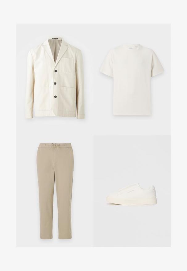 Beige bomullsjakke med spiss krage, tre svarte knapper og to frontlommer. Har en enkel brystlomme og lange ermer.; Hvit T-skjorte med kort erm i ribbestrikket tekstur. Rund hals, avslappet passform, ingen synlige mønstre eller detaljer. Enkelt og allsidig design.; Beige loungebukser med elastisk linning og snor, med tilbakeholdt design av rett ben og myk, glatt tekstur.; Hvite slip-on joggesko med teksturert overflate, tykk såle og minimalistisk design. Har merkevarelogo på siden.