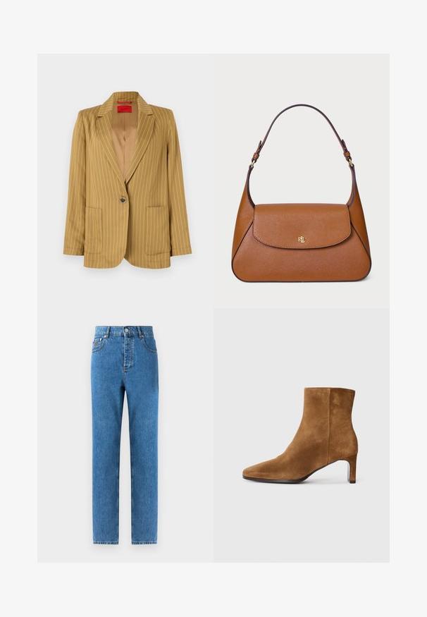 Gorchast rumeno blazer v gorčično rumeni barvi s črtami, z notchnim ovratnikom, zapiranjem na en gumb, dvema sprednjima žepoma in gladko teksturo. Podloženo notranjost.; Bež pulover s turtleneck ovratnikom, izdelan iz mehke pletene tkanine, z dolgimi rokavi in diskretnim logotipom blagovne znamke na prsih. Splošči robovi in krage.; Denim kavbojke v srednji modri barvi s ravnim krojem, petimi žepi, gumbom za zapiranje in svetlimi madeži na tkanini za subtilno variacijo teksture.; Rjave semiš gležnjarji s konicami in oprsjem srednje višine, stranski pogled na enobarvno belo ozadje.; Rjava usnjena torbica s strukturirano zasnovo, ravno zgornjo pokrovko in eno ukrivljeno naramnico. Ima zlato strojno opremo z odtisnjenim logotipom.