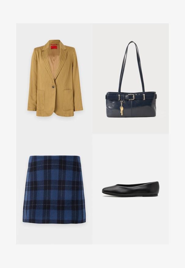 Mustard yellow pinstriped blazer with a notched lapel, single button closure, two front pockets, and smooth texture. Lined interior.; Light grey sleeveless sweater with a ribbed neckline and hem. Features three textured floral appliqués on the front. Brand label: MAX&Co.; Plaid mini skirt in dark blue and navy, made of soft fabric with a slightly textured finish. Features a straight cut and clean lines.; Paul Smith TOPANGA - Ballet pumps - black; Navy leather handbag with two long handles, a buckle detail, and a keychain attached. Features a smooth texture and a rectangular shape.