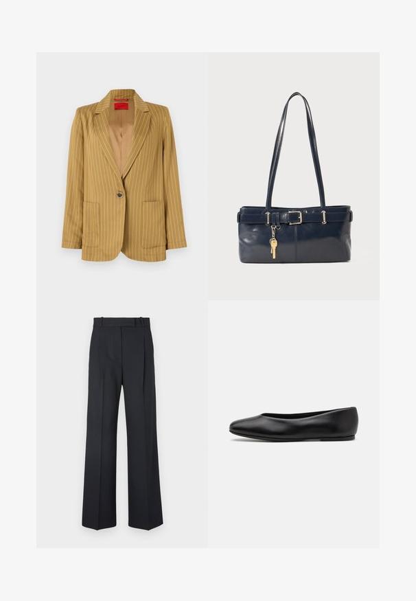 Mustard yellow pinstriped blazer with a notched lapel, single button closure, two front pockets, and smooth texture. Lined interior.; Ribbed, cream-colored polo shirt with long, flare sleeves and five button placket. Features a collar with a soft texture.; Dark blue pinstriped trousers with a high waist, wide leg design, and no visible hardware or embellishments. Smooth texture and tailored fit.; Paul Smith TOPANGA - Ballet pumps - black; Navy leather handbag with two long handles, a buckle detail, and a keychain attached. Features a smooth texture and a rectangular shape.