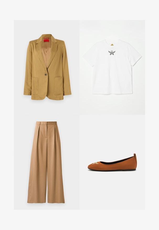Mustard yellow pinstriped blazer with a notched lapel, single button closure, two front pockets, and smooth texture. Lined interior.; White cotton t-shirt featuring a small black logo with wings and "MCM" at the center front. Short sleeves and crew neck design.; Wide-leg trousers in a tan fabric with vertical white stripes. Features pleats at the waist and a smooth texture.; Brown ballet flat made of smooth material with a rounded toe, featuring a decorative embroidered design on the toe and a low heel.