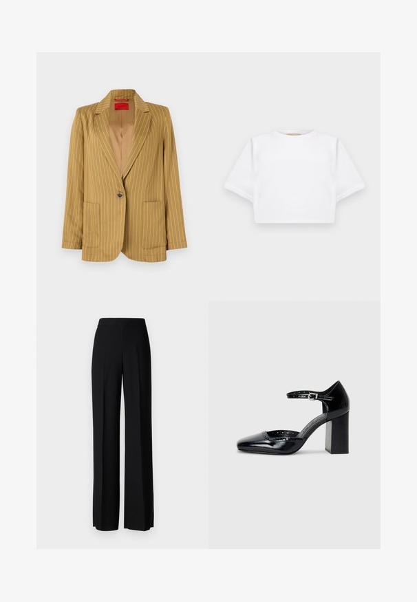 Blazer mustar cu dungi subtiri, cu rever tăiat, închidere cu un singur nasture, două buzunare frontale și textură netedă. Interior căptușit.; Tricou alb scurt dintr-un material moale, cu mâneci scurte, decolteu rotund și detalii ribbrate la margine. Design simplu și fără embellishments.; Pantaloni negri cu picioare largi, cu o textură netedă, având o talie înaltă și pliseuri centrale. Fără modele vizibile sau detalii de hardware.; Pantofi cu toc înalt din piele lăcuită neagră, cu vârf pătrat, curea pentru gleznă și toc gros. Include detalii perforate de-a lungul marginii.