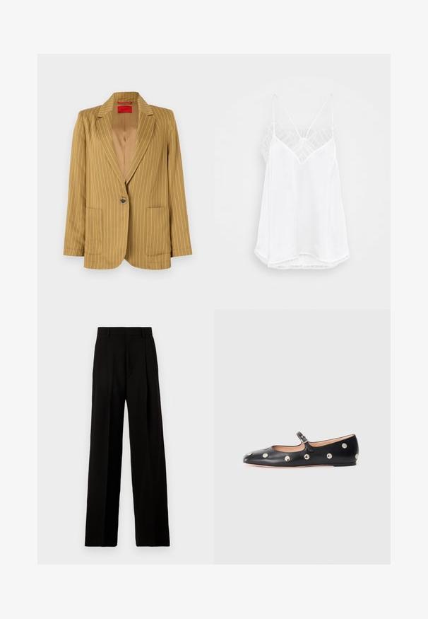 Horčicovožltý pruhovaný blejzer s klopou, jedným gombíkom, dvoma prednými vreckami a hladkým povrchom. Podšívka vo vnútri.; Biela cami s designom do V, tenkými ramienkami, textúrovanými čipkovými akcentmi na pleciach a zakriveným lemom. Hladká textúra látky.; Biela dlhá košeľa s priliehavým strihom. Má veľký golier, predné zapínanie na hnedé gombíky a malé vyšívané logo.; Čierne nohavice s širokými nohavicami vyrobené z hladkej látky, s vysokým pásom, prednými záhybmi a čistým, elegantným dizajnom bez ozdôb.; Čierne kožené baleríny typu Mary Jane s okrúhlou špičkou, so striebornými kruhovými cvokmi a nastaviteľným remienkom so sponou.