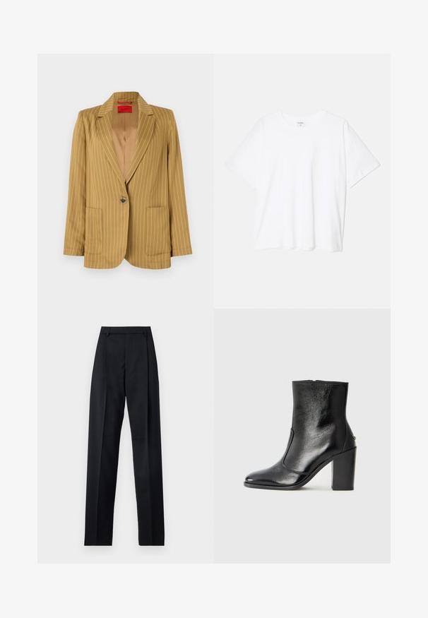 Blazer amarelo mostarda com riscas verticais, gola com corte em bico, fecho de um único botão, dois bolsos frontais e textura suave. Interior forrado.; T-shirt de algodão branco com mangas curtas, decote redondo, corte descontraído e bainha cosida. Etiqueta visível no interior do pescoço.; Calças pretas feitas de um tecido suave, com uma cintura alta, pernas largas, pregas frontais e passadores de cinto clássicos. Não há bolsos laterais visíveis.; Bota ankle preta em pele com uma textura suave, bico fino e um salto alto robusto. Apresenta uma abertura lateral e um design minimalista.