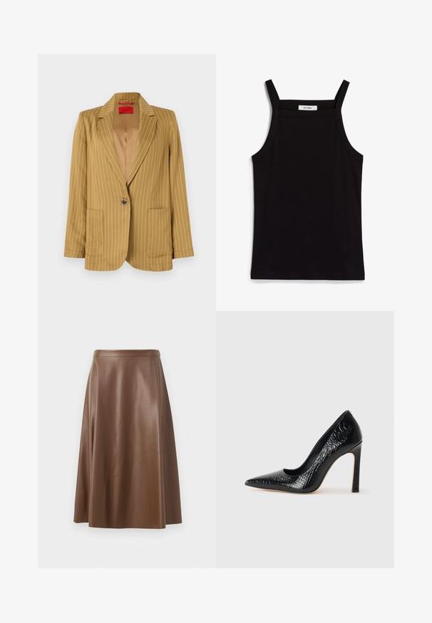 Mustársárga csíkkal ellátott blézer, kiemelkedő hajtókával, egy gombos záródással, két elülső zsebbel és sima textúrával. Bélelt belső rész.; Fekete ujjatlan felső, vékony spagetti pántokkal, bordás anyagból készült, egyenes vonalú fazonnal, a nyakrészen "IVY OAK" felirattal.; Barna bőrből készült A-vonalú szoknya sima textúrával és közepes hosszúságú szegéllyel. Fitted derékrésszel rendelkezik és enyhén bővül a csípőnél.; Fekete hegyes orrú magassarkú cipő krokodilbőr textúrával, letisztult dizájnnal, magas tűsarkú és sima fekete belső résszel.