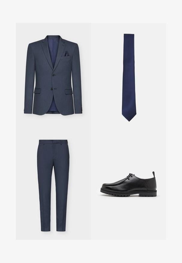 Marineblå blazer med strukturert stoff, to knapper, notched revers og lommetørkle; har en kontrastfarge innerside.; Tre longsleeve skjorter: lyseblå, hvit og marineblå. Alle har klassisk krage og knappestolpe, laget av glatt stoff.; Marineblå skreddersydde bukser med en jevn tekstur, slim fit, sentral preg og beltehemper. Stoffet har et subtilt vevd mønster.; Svarte lær snøreleste sko med en robuste såle og en trekkesløyfe på hælen, vist fra siden på en hvit bakgrunn.; Marineblå slips med en teksturert diagonal ripsmønster. Den har en spiss tupp og en glatt, smal form. Laget av glatt stoff.