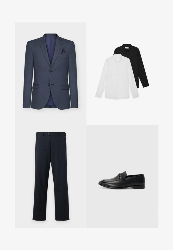 Jūras zila bleizeris ar struktūrētu audumu, diviem pogām, izgrieztām atloks, un kabatas lakatiņu; iekļauj kontrastējošu iekšējo oderi.; Baltas un melns garām piedurknēm krekls ar norādītām apkaklēm, priekšējiem pogām un gludu auduma tekstūru. Etiķetes redzamas iekšējā kakla daļā.; Jūras spēku bikses ar taisnu kāju dizainu, ar priekšējo pogu un rāvējslēdzēju, izgatavotas no gludas auduma ar smalku faktūru.; Melnas ādas loafers ar izsmalcinātu formu, kas raksturojas ar teksturētu augšdaļu un dekoratīvu jostu ar metāla sprādzi. Plakans papēdis, minimālistisks dizains.