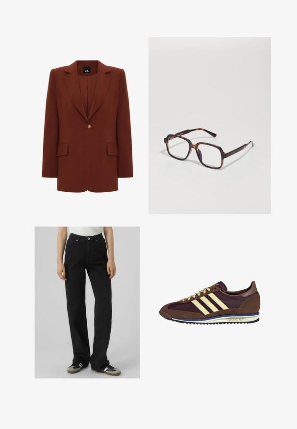 Rustfarvet blazer med skarpe slag, enkelt guldknap lukning og to frontlommer. Lavet af struktureret stof med en glat tekstur.; Hvid langærmet skjorte med rund halsudskæring. Stoffet har et struktureret mønster med lodrette linjer og ribbede detaljer.; Sorte højtaljede jeans med lige pasform, lavet af denim, med to forlommer og messingdetaljer.; Brune og bordeaux sneakers lavet af ruskind og mesh-materialer, med tre cremefarvede striber, tekstureret stof på tungen, og en gummisål.; Skildpaddebriller med firkantede rammer, klare linser og slanke stænger med en diskret logodetalje. Mat og blank finish.; DRAGON DIFFUSION MINI FLAT GORA - Håndtasker - dark brown