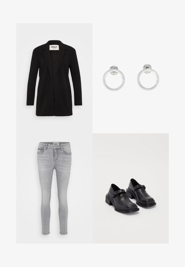 Musta bleiser, millel on kohandatud disain, pikad varrukad, avatud esiosa ja nähtamatud kinnitused. Sile kangas minimalistliku stiiliga.; Even&Odd Petite 2 PACK - Topp - light grey/black; Hall灰denimi kitsad teksasipüksid viie tasku disainiga, nööpkinni ja vööaugudega. Kangas on sileda tekstuuriga ja kerge pleekimisega üle kogu pinna.; Mustad mustad jalanõud ümmarguse varbaga, tasase tallaga ja kinnitusega rihmaga, millel on pandla detail. Suure plokknina, mis tagab lisastabiilsuse.; Hõbedased metallist rõngastooted, millel on harjatud tekstuur, ümmargune disain ja selge tagumine post, tagamaks kindlat kandmist.