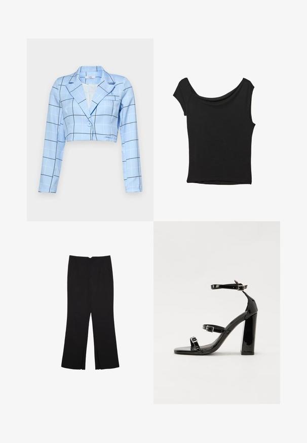 Krótkie marynarka w jasnoniebieskim materiale z wzorem w kratę z czarnymi liniami, z jednoprzewodowym zapięciem i szpiczastymi klapami. Długie rękawy.; Czarna bluzka z krótkim rękawem, wykonana z gładkiego materiału; posiada dekolt w stylu drapowanym oraz asymetryczny dół, z dopasowanym krojem.; Czarne spodnie o prostym kroju, z przednimi kieszeniami i bocznymi rozcięciami na dole. Wykonane z miękkiego, gładkiego materiału. Odpowiednie na różne okazje.; Czarne lakierowane sandały na obcasie z kwadratowym noskiem, z paskami wokół kostki i srebrnymi klamrami. Posiadają masywny słupek dla stabilności.