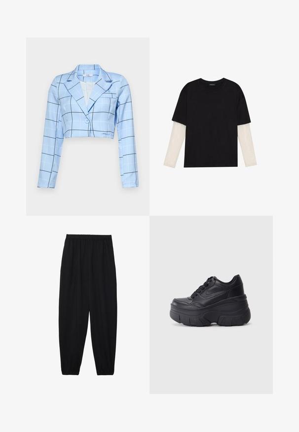 Izgriezts blazeris gaiši zilā audumā ar režģa rakstu ar melnām līnijām, ar vienu pogu un norādītām apmalēm. Garas piedurknes.; Melna kokvilnas T-kreklu ar īsām piedurknēm, virs baltas garām piedurknēm ar smalku teksturētu rakstu. Apaļas kakla izgriezuma dizains.; Melnas, vieglas bikses ar elastīgu jostu un savilktiem potītiem. Audums ir gluds un to raksturo brīva, sašaurināta forma.; Melni šņorējami sporta apavi ar biezu zoli, ar gludu ādas augšdaļu, noapaļotu purngalu un izteiktu slāņveida platformas dizainu.