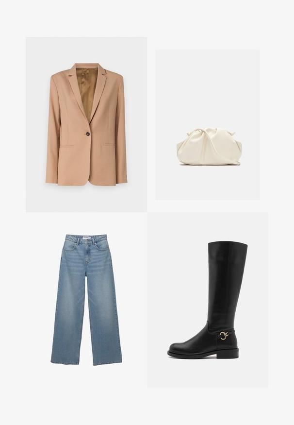 Calvin Klein Kratka jakna - amphora; Sivi pleteni pulover s okruglim izrezom, dugim rukavima i mekom, pahuljastom teksturom. Ima skraćeni donji rub i blago labav kroj.; Svijetloplave traperice širokih nogavica izrađene od denima. Imaju visoki struk, pet džepova i ravne nogavice s minimalnim izbljeđenjem.; Anna Field Wide Fit Čizme - black; Torba od mekanog umjetnog kože krem boje s nabranim dizajnom, podesivim remenom i suptilnim zatvaranjem uzicom. Glatka tekstura i zaobljen oblik.; Srebrne viseće naušnice s zaobljenim, reflektirajućim površinama; minimalistički dizajn s glatkom teksturom i suptilnim detaljem brendiranja.