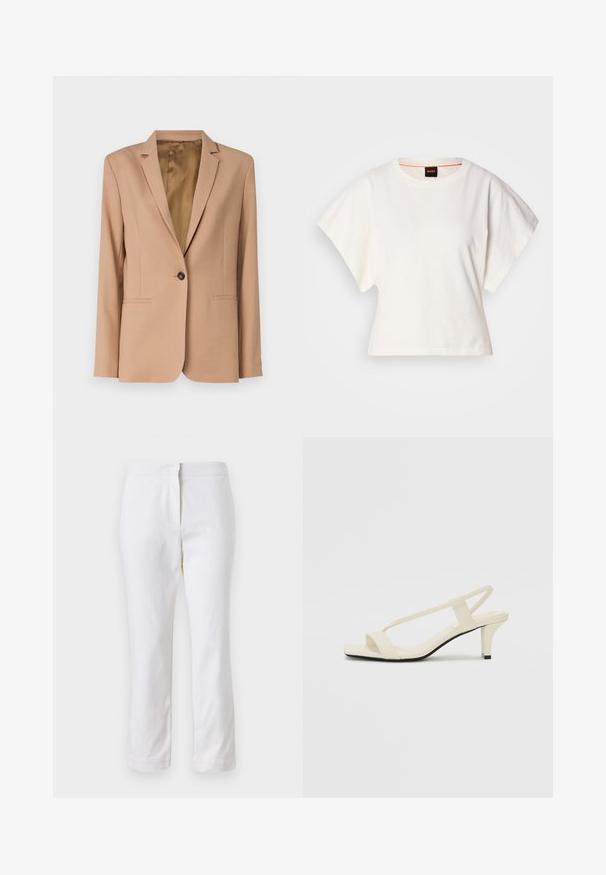 Calvin Klein Kratka jakna - amphora; Bijeli skraćeni T-shirt, široke kratke rukave, mekani pamučni materijal, okrugli izrez s suptilnim narančastim detaljem, minimalistički dizajn, bez uzoraka ili grafika.; Bijele pamučne hlače ravnog kroja, sa strukom srednje visine i bez vidljivih metalnih dijelova ili uzoraka. Glatka tekstura kroz cijelu dužinu.; Bež sandale na blok petu s tankim remenčićima i kvadratnim vrhom. Glatki materijal s minimalnim detaljima, dizajnirane za jednostavno nošenje.