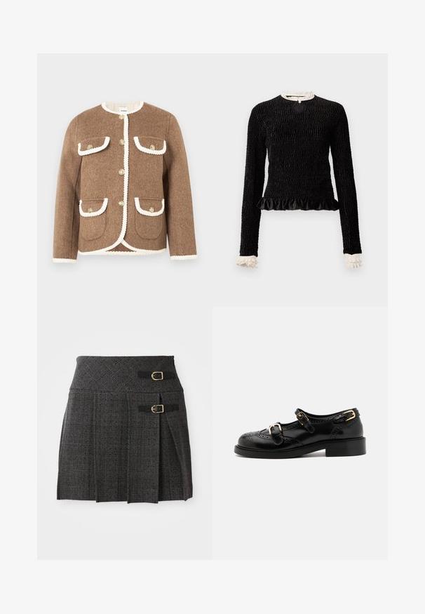 Giacca di lana marrone con scollo rotondo, bordi bianchi, bottoni dorati e due tasche frontali. Tessuto testurizzato con una vestibilità su misura.; Maglietta nera a maniche lunghe con tessuto testurizzato, orlo arricciato e accenti di ruffles bianchi al colletto e ai polsini. Presenta una chiusura centrale con anello.; Gonna a quadri grigio con vita aderente, caratterizzata da dettagli con doppia fibbia e pieghe. Realizzata in un tessuto testurizzato con un design intrecciato.; Scarpe in pelle nera con dettagli brogue, dotate di due cinturini con fibbia, punta arrotondata e tacco basso. Texture liscia con finitura lucida.