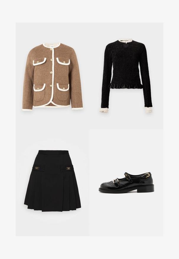 Pruun villane jakk ümmarguse kaelusega, valgete ääriste, kuldsete nuppude ja kahe esise taskuga. Tekstuuriga kangas, mis on hästiistuv.; Must mustriga mustega, tekstuuriga kanga, volangäärtega ja valgete volangakinnitustega kaeluses ja varrukates. Omab keskel aasakinnitust.; Must mustriga seelik kuldsete detailidega. Omab küljetaskuid logodetailidega, valmistatud siledast materjalist. A-laineline siluett.; Mustal nahast kingad brogue-tekstiiliga, millel on kaks pandla rihma, ümar varvas ja madal konts. Sujuv tekstuur ja läikiv viimistlus.