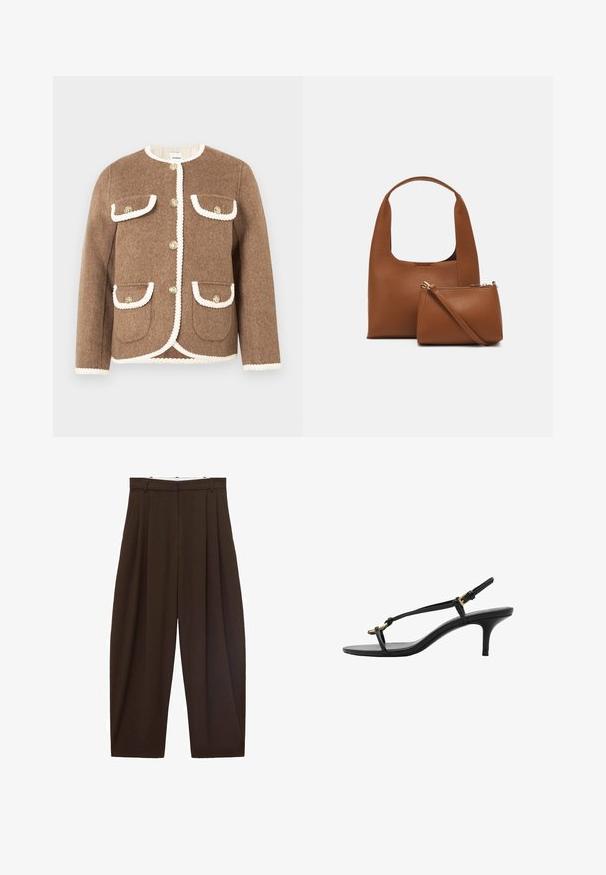Brown wool jacket with a round neckline, white trim, gold buttons, and two front pockets. Textured fabric with a tailored fit.; Brown button-up shirt with a collar, made of soft material, featuring a relaxed fit, long sleeves, and five buttons down the front.; Brown high-waisted trousers with pleats, made of smooth fabric. Loose fit, straight leg design, featuring belt loops and a zip fly.; Black leather kitten heel sandal with thin straps, gold buckle, and minimalist toe loop on a white background.; Brown synthetic handbag with a curved handle and a smooth texture. Includes a matching small pouch with a zipper. Minimalist design.