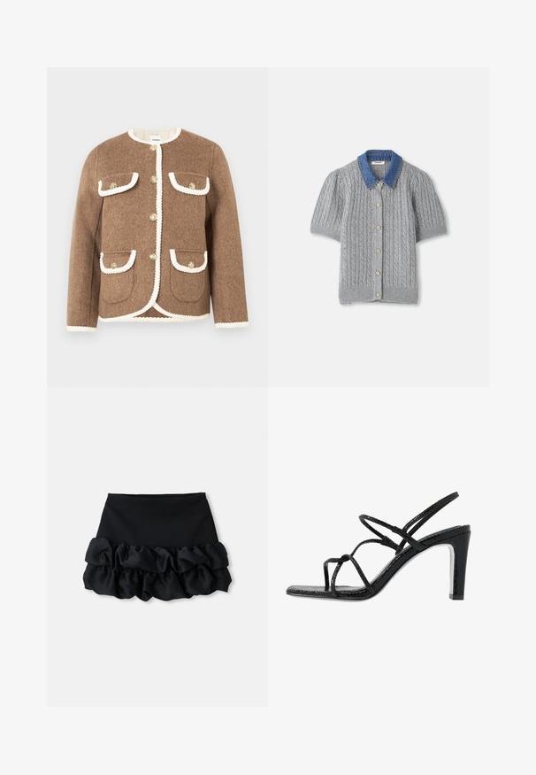 Veste en laine marron avec un col rond, un bord blanc, des boutons dorés et deux poches avant. Tissu texturé avec une coupe ajustée.; Cardigan gris en tricot à manches courtes avec un motif en treillis, doté d'un col en denim et de cinq boutons dorés sur le devant.; Mini-jupe noire avec un haut ajusté et trois couches de tissu froncé en bas, avec une texture lisse et des lignes épurées.; Sandales noires à talons avec des fines lanières, une finition texturée, bout ouvert et un design de talon pointu et élégant. Équipées d'une semelle intérieure lisse et d'une surface brillante.