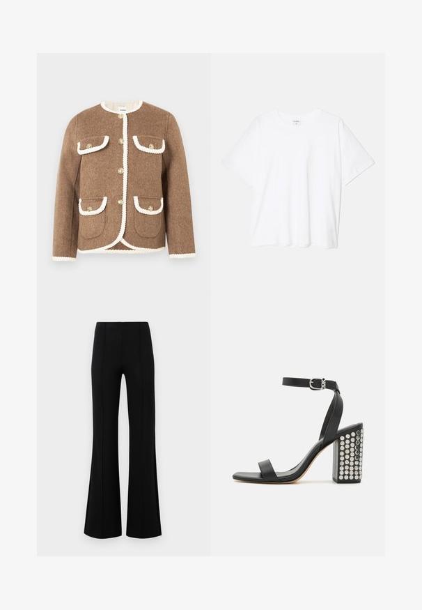 Chaqueta de lana marrón con cuello redondo, ribete blanco, botones dorados y dos bolsillos frontales. Tejido texturizado con un corte ajustado.; Camiseta de algodón blanca con mangas cortas, escote redondo, corte relajado y dobladillo cosido. Etiqueta visible en el interior del cuello.; Pantalones acampanados negros de cintura alta, fabricados en tejido elástico. Presentan detalles de costura vertical en la parte delantera y una textura suave.; Sandalias de tacón de cuero negro con correa en el tobillo. Presentan una punta cuadrada, textura suave y un tacón cuadrado decorado con tachuelas plateadas.