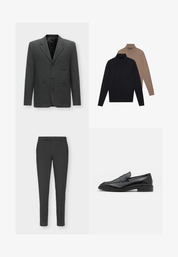Mørk grå blazer laget av teksturert stoff, med en enkel brystlomme, notched revers og tre frontknapper. Fôret innside.; To lange ermer turtleneck gensere, en i svart og en i lys brun, laget av myk strikket stoff med en tettsittende design og ribbestrikkede mansjetter.; Mørkegrå skreddersydde bukser laget av teksturert stoff, med knapp- og glidelås-lukking, beltehemper og en slank passform.; Sorte skinnloafers med en glatt overflate, med rund tå og en smal band over vristen. Lavt stablet hæl.