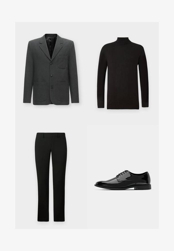 Mörkgrå blazer i texturerad tyg, med en enda bröstficka, slagkragar och tre knappar framtill. Fodrad insida.; Svart polotröja i mjukt stickat material. Har långa ärmar och en figurnära design med ribbad krage och fåll. Minimal varumärkesprofil.; Svarta byxor med skräddarsydd passform, med en mjuk textur och rak bendesign. Midjan har bälteshål och en ren finish.; Svart lackläderskor med rund tå, snörning och slät, blank yta. Har en låg gummisula.
