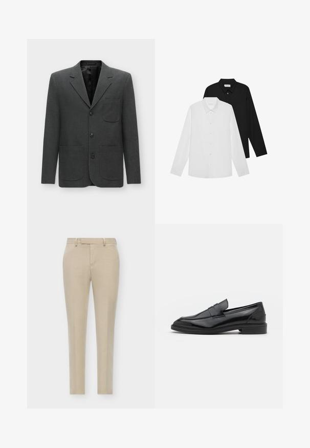 Sacou gri închis, realizat dintr-un material texturat, cu un buzunar pe piept, rever cu colțuri și trei butoane frontale. Interior captusit.; Cămăși cu mâneci lungi, albe și negre, cu guler în vânt, nasturi frontali și o textură a țesăturii netedă. Etichete vizibile pe interiorul gulerului.; Pantaloni bej, croiți pe corp, cu un fit slim, având un front plat, buzunare laterale discrete și un material neted, texturat.; Pantofofi din piele neagră cu un finisaj neted, având vârful rotunjit și o bandă îngustă pe partea superioară. Toc mic, stratificat.