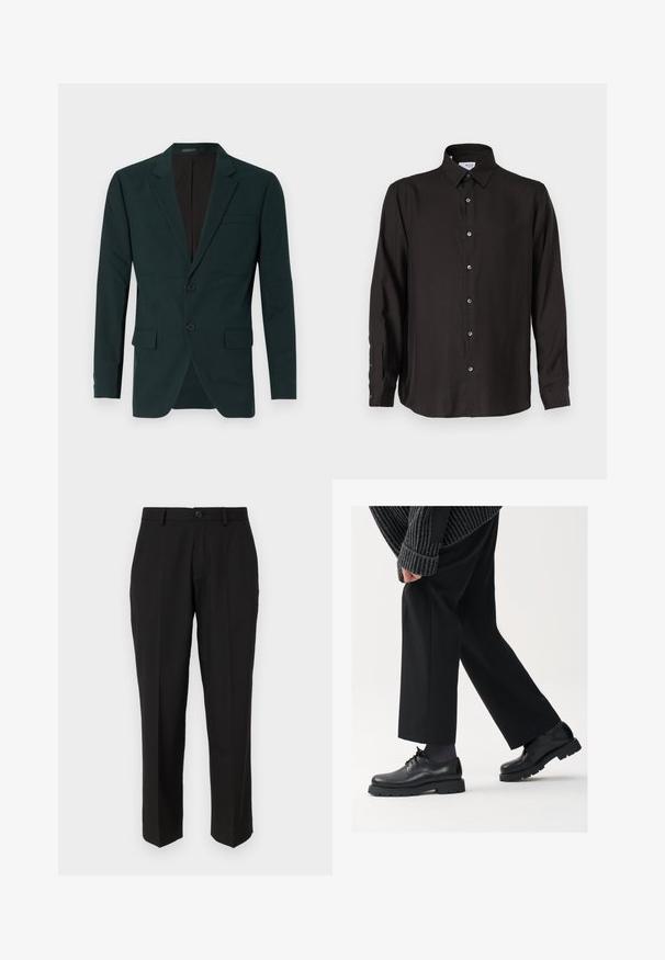 Dunkelgrüne, taillierte Blazer mit zwei Knöpfen, Reverskragen und Fronttaschen. Aus glattem Stoff mit strukturierter Passform.; Schwarzes Langarmhemd aus glattem Stoff, mit durchgehender Knopfleiste, spitzem Kragen und abgerundetem Saum mit kontrastierenden Knöpfen.; Schwarze Hosen aus glattem Stoff mit geradem Bein, Fronttaschen, einem einzigen Knopfverschluss und ohne sichtbare Muster.; Schwarze Lederschuhe mit einer runden Spitze, Schnürdesign und dicker, strukturierter Sohle. Getragen mit maßgeschneiderten schwarzen Hosen und einem gerippten Pullover.