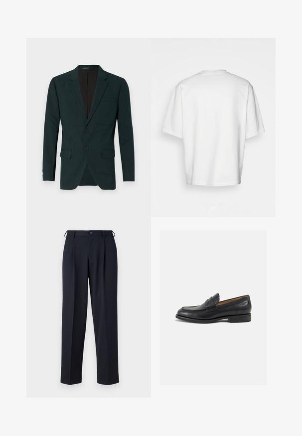 Temno zelena, krojena blazer jakna z dvema gumboma, z ovratnikom in sprednjimi žepi. Narejena iz gladkega materiala s strukturiranim fitom.; Bela kratka majica s kratkimi rokavi, ohlapnega kroja, okroglega izreza, gladkega bombažnega materiala, brez okrasitev na hrbtni strani, ravna obroba, brez vzorcev ali naglasov.; Temno modri hlače iz gladkega blaga, s ravnim krojem, z gubami spredaj in z gumbom za zapiranje v pasu.; Črne usnjene loafers cipele z gladko površino, zaobljenim nosom in dekorativnim šivom na vampu. Nizek zloženi peti in rahla sijaj.
