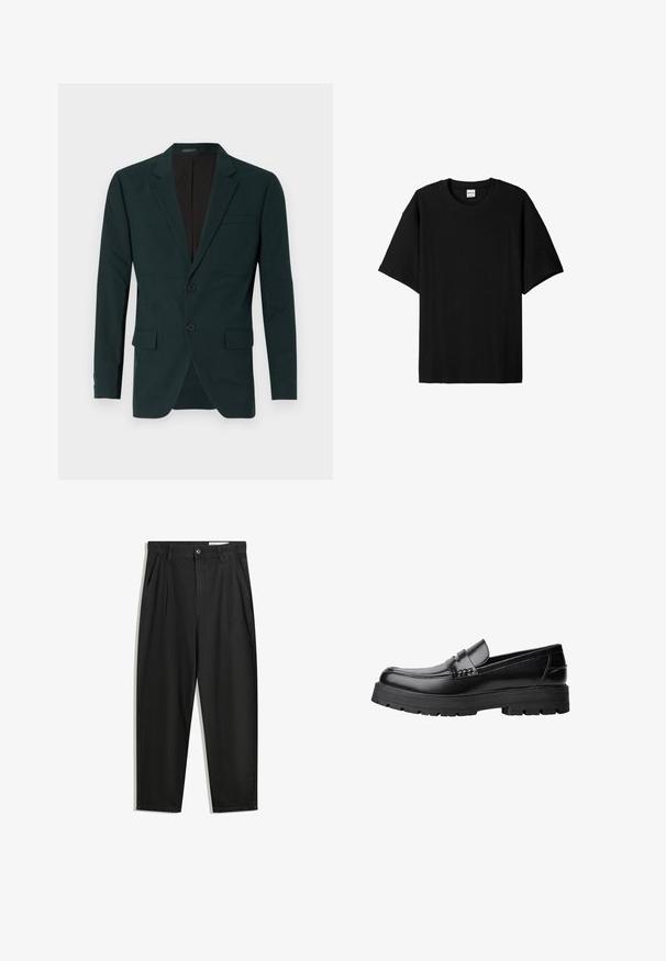 Dark green, tailored blazer with two buttons, notched lapels, and front pockets. Made of smooth fabric with a structured fit.; Black ribbed short-sleeve t-shirt with a round neck, featuring a relaxed fit and textured surface. Simple design; no graphics or accents.; Black cotton trousers with a relaxed fit, featuring a classic waistband, front pleats, and side pockets. Smooth texture without patterns.; Black leather loafer with chunky treaded sole and decorative strap across the upper, shown in left side profile on white background.