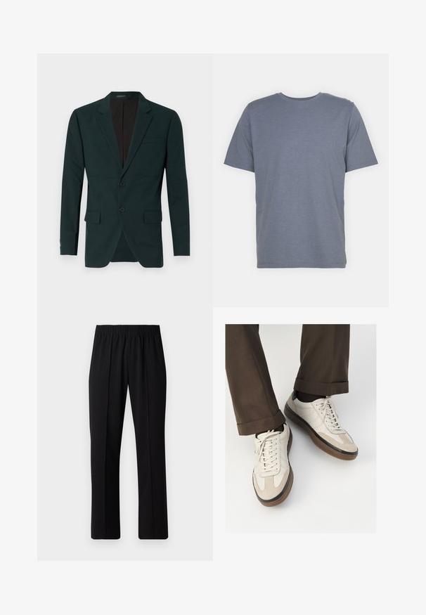 Σκούρο πράσινο, κομμένο σακάκι με δύο κουμπιά, με εσοχές στους γιακάδες και μπροστινές τσέπες. Φτιαγμένο από λείες υφές με δομημένη εφαρμογή.; Γκρι κοντομάνικη μπλούζα με στρογγυλή λαιμόκοψη, φτιαγμένη από μαλακό ύφασμα μείγματος βαμβακιού. Απλός σχεδιασμός, χωρίς μοτίβα ή λεπτομέρειες.; Μαύρο παντελόνι με ελαστική μέση και ίσια γραμμή, με λεία υφή και χωρίς εμφανή σχέδια ή μεταλλικά στοιχεία.; Μπεζ αθλητικά παπούτσια με υφή από σουέτ μπροστά, λεία δερμάτινα πλαϊνά και καουτσούκ καφέ σόλα. Περιλαμβάνονται κορδόνια και λεπτομέρειες ραφής σε ανοιχτό χρώμα.