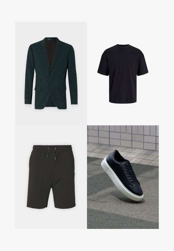 Donkergroene, op maat gemaakte blazer met twee knopen, met een revers-kraag en voorzakken. Gemaakt van een gladde stof met een gestructureerde pasvorm.; Zwarte katoenen t-shirt met een ronde halslijn, korte mouwen en een relaxte pasvorm. Glad textuur en geen zichtbare patronen of accenten.; Zwarte katoenen shorts met een elastische tailleband, trekkoordsluiting en zijzakken. Glad textuur; knielengte ontwerp.; Zwarte leren sneaker met een ronde neus en een witte rubberen zool. Voorzien van platte veters en minimale stiksels op het bovenwerk. Textuurrijke zool voor grip.