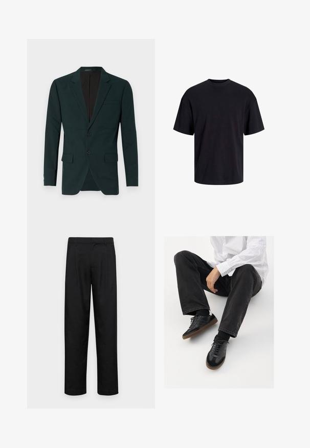 Tmavozelený, strihaný blejzer s dvoma gombíkmi, klopovými reverzami a prednými vreckami. Vyrobený z hladkej tkaniny s pevným strihom.; Čierne bavlnené tričko s okrúhlym výstrihom, krátkymi rukávmi a uvoľneným strihom. Hladká textúra bez viditeľných vzorov alebo akcentov.; Čierne nohavice vyrobené z hladkej tkaniny, s rovnými nohavicami, dvoma prednými skladmi a štandardným pásom s pútkami na opasok.; Čierne tenisky s hladkým a textúrovaným zvrškom, s gumovou podrážkou a tmavými šnúrkami. Kombinované s čiernymi džínsami a bielo-prúžkovanou košeľou.