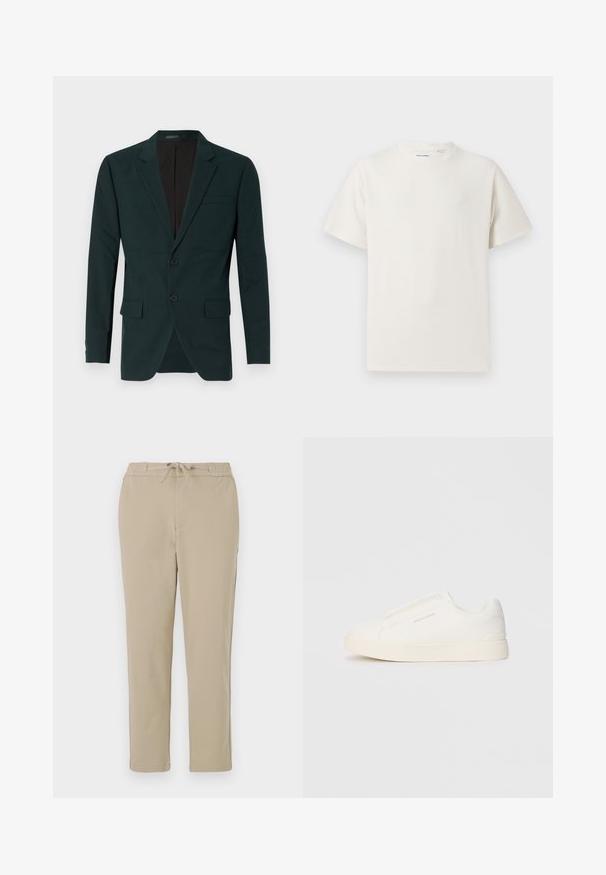 Mørkegrøn, skræddersyet blazer med to knapper, klippede reverser og forlommer. Fremstillet af glat stof med en struktureret pasform.; Hvid kortærmet T-shirt i ribbet tekstur. Rund halsudskæring, løs pasform, ingen synlige mønstre eller accenter. Enkel og alsidig design.; Beige loungebukser med elastisk talje og snøre, med en lige ben-design og blød, glat tekstur.; Hvide slip-on sneakers med en struktureret overflade, en tyk sål og et minimalistisk design. Har brandlogoet på siden.