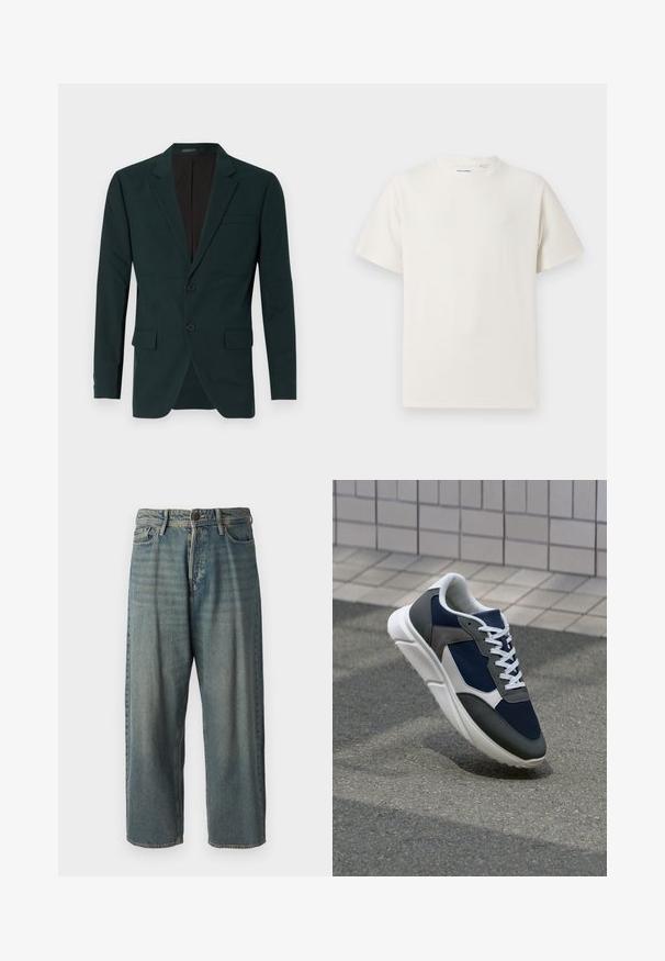Blazer ajusté vert foncé avec deux boutons, revers crantés et poches avant. Confectionné en tissu lisse avec une coupe structurée.; T-shirt blanc à manches courtes en texture côtelée. Encolure ronde, coupe décontractée, sans motifs ni accents visibles. Design simple et polyvalent.; Jeans en denim bleu clair avec une coupe ample, taille mi-haute et jambes droites. Comprend cinq poches, des passants de ceinture et une fermeture à bouton.; Baskets avec une tige en mesh bleu marine, des accents en suède gris, une semelle en caoutchouc blanc et des lacets plats blancs, conçues pour le confort et la respirabilité.