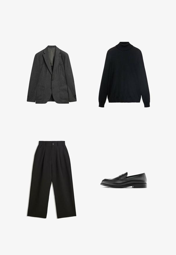 Donkergrijze blazer met een subtiele gestreepte patroon, enkelvoudige knopen, gelapte revers, twee zakken aan de voorkant en knoopsluiting. Klassiek tailormade ontwerp.; Zwarte coltrui met een strakke kraag, lange mouwen en geribde manchetten en zoom. Gemaakt van zacht, rekbaar materiaal met een gladde textuur.; Zwarte katoenen t-shirt met een klassieke ronde hals, korte mouwen en een comfortabele pasvorm. Gladde textuur, zonder patronen of versieringen.; Zwarte broeken met een relaxte pasvorm, voorzien van plooien aan de voorzijde, zijzakken en een knoopsluiting. Gemaakt van textiel met structuur.; Zwarte leren penny loafer met lage hak, ronde neus en gestikte details langs de bovenkant, weergegeven in zijprofiel op een witte achtergrond.