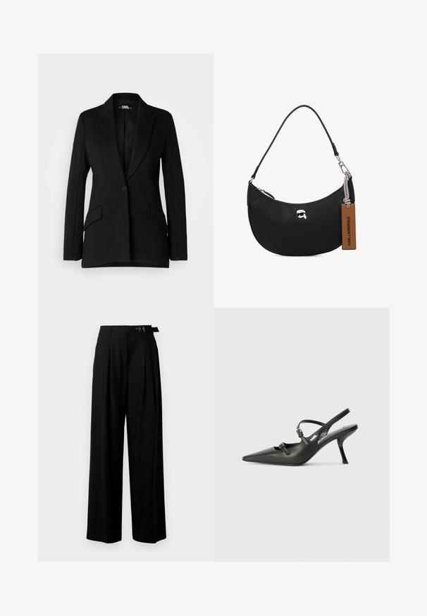 Juodas švarkas su struktūrizuotu dizainu, notch apykaklėmis, vieno mygtuko uždarymu, dviem šoninėmis kišenėmis ir lygiomis audinio tekstūromis.; Juodas trumpas viršus su aukštu kaklu, papuoštas sidabriniais blizgučiais vertikaliomis linijomis, permatomomis rankovėmis ir tekstūruotu audiniu.; Juodos plačios kojų kelnės su aukštu liemeniu, priekinėmis klostėmis ir diržu su sagtimi. Pagamintos iš lygaus, lengvo audinio.; Juodi odiniai slingback kulniukai su smailiu pirštu, siauru kulnu ir dekoratyvine sagtimi viršuje. Lygus paviršius ir elegantiškas dizainas.; Juodas odinis rankinės su grublėta tekstūra, išlinkusia forma, viršutiniu užtrauktuku, sidabrinėmis detalėmis ir rudąja etiketė. Pabrėžtas logotipo akcentas.