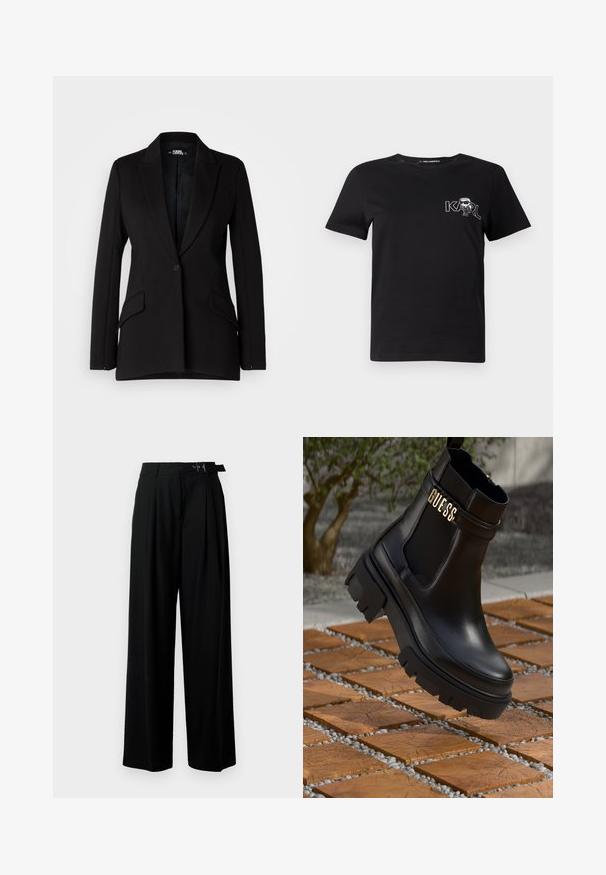 Čierny blazer so štruktúrovaným dizajnom, klopovými revermi, jedným gombíkom, dvoma bočnými vreckami a hladkou textúrou látky.; Čierne tričko s krátkym rukávom vyrobené z bavlny. Obsahuje bielu grafiku s textom "KARL" a stilizovanou postavou na hrudi. Okrúhly výstrih.; Čierne široké nohavice s vysokým pásom, skladmi vpredu a opaskom s prackou. Vyrobené z hladkej, ľahkej textílie.; Čierne kožené členkové topánky s masívnou gumovou podrážkou, elastickými bočnými panelmi a zlatým akcentom s logom "GUESS".